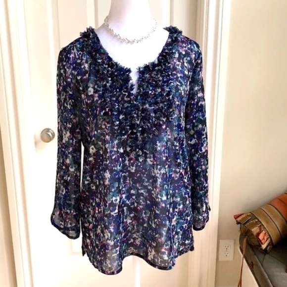 DKNY Top Sheer Ruffled Tuxedo Blouse Blue Multi Silver Threads (S) - Picture 5 of 7